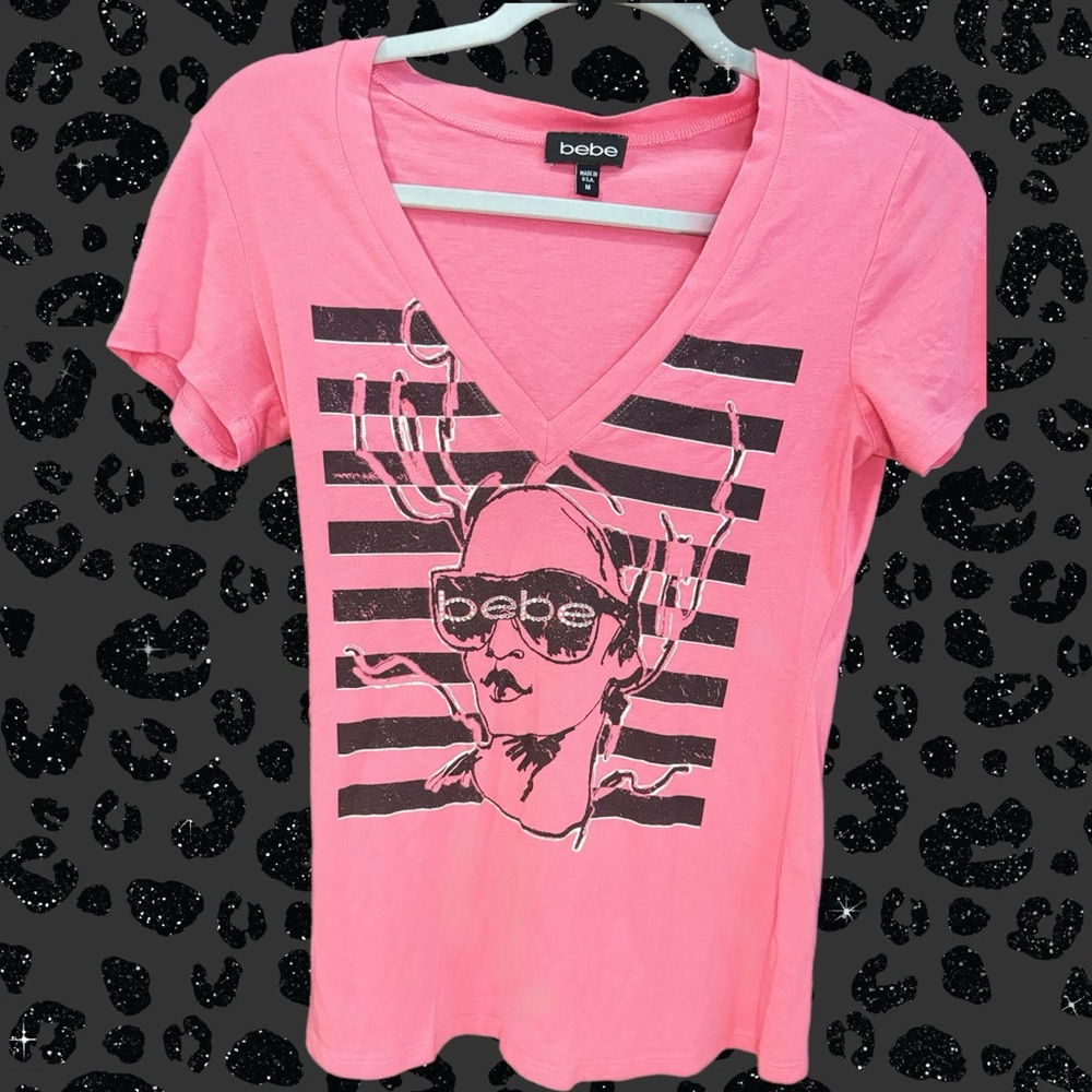BEBE Pink Graphic V-Neck, Rare Graphic Design